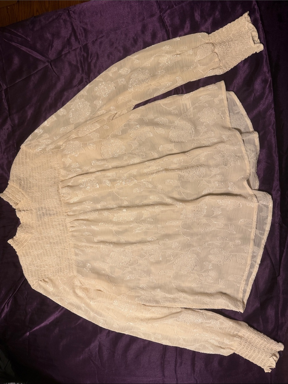 Knox Rose Cream Lace Smocked Neck Long Sleeve Blouse